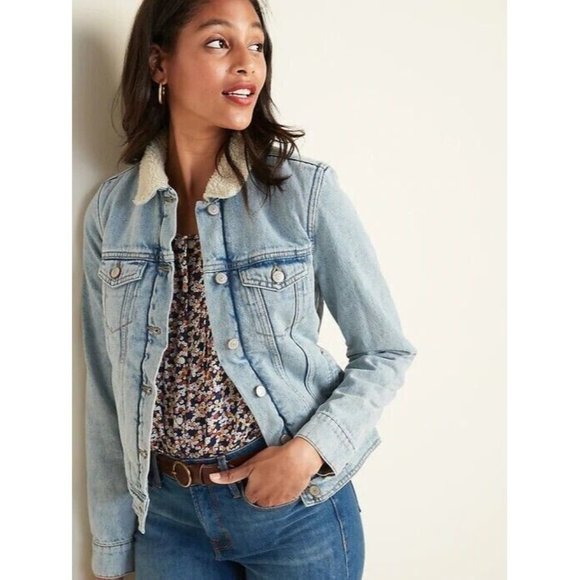 Old Navy Denim Jacket Sherpa Lined Button Light Blue Jean - Picture 1 of 11